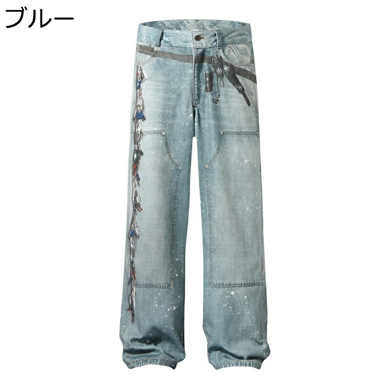 デニムパンツ ジーンズ ロングパンツ 個性的 メンズ キー柄プリント 窮屈感のない お洒落 軽い ソフト コーディネート デザイン性 オールシーズン カジュアル モード系 かっこいい 韓国風