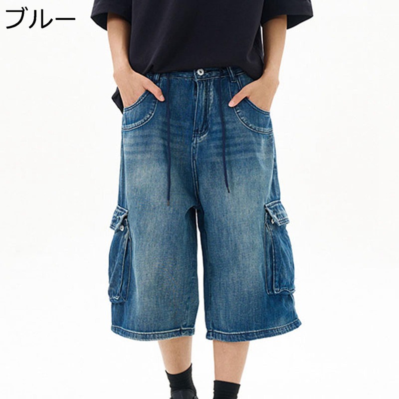 デニムショートパンツ メンズ カーゴパンツ ジーンズ 7分丈 春夏着 薄手 膝下丈 Gパン ミディアム ジーンズ ワイド 半ズボン ストリート カジュアルパンク風 アメカジ ポケット 作業着