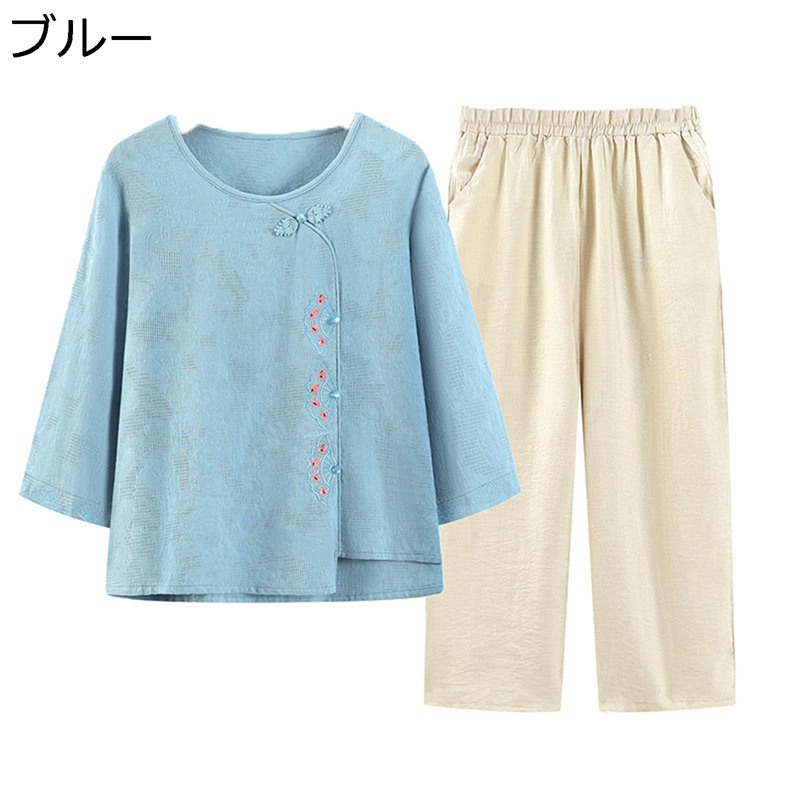 シニアファッション 綿麻 Tシャツ 半袖 ブラウス 上下セット 中高年 レディース 夏服 9分丈パンツ ズボン エスニック ゆったり 薄手 通気性 お出かけ リゾート 母の日 婦人服 高齢者