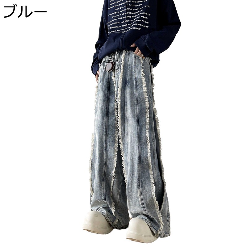 デニムパンツ メンズ ダメージ カーゴパンツ ストライプ ゆったり ストレートシルエット ロング丈ボトムズ ジーンズ 春夏秋用 Gパン ジーパン カジュアル 服と相性が良い オシャレ 街着