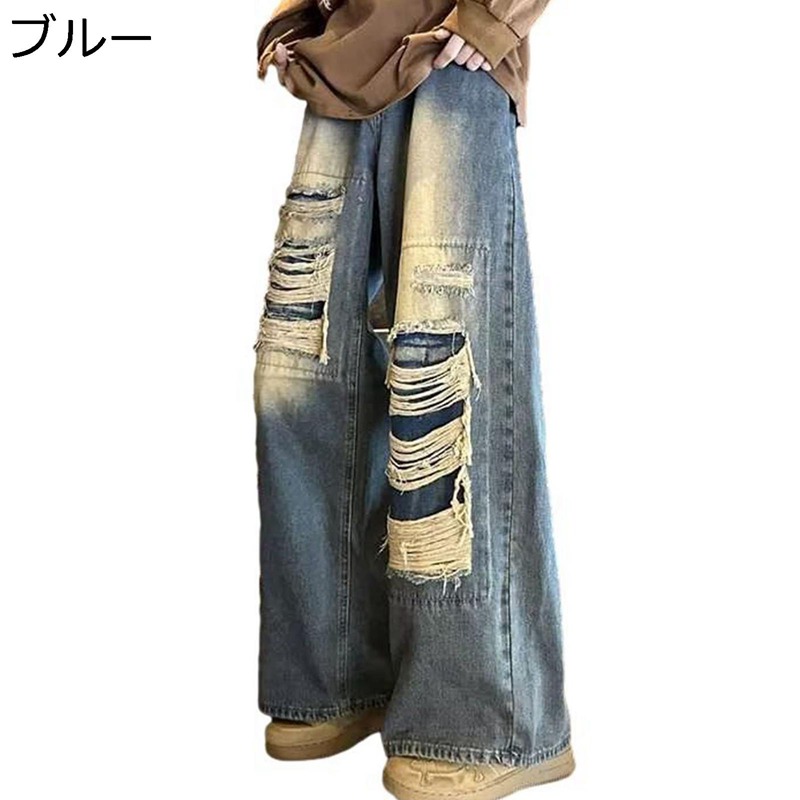 デニムパンツ ジーンズ メンズ ダメージ ワイドシルエット ロングパンツ ヴィンテージ 韓国風 INS風 古着風 春夏秋用 ストレート カジュアル 日常着 通勤通学 コーディネート ファッション