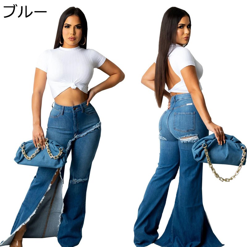 デニムパンツ アシメトリーカット レディース フレアパンツ 美脚効果 ゆったり カジュアル 純色 ロング丈 欧米風 ボトムズ ファッション 通学 普段着 アウトドア 着回し力ピカイチ 着心地いい