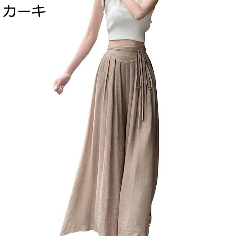 ワイドパンツ ロングパンツ ハイウェスト vカット レディース スカーチョ 綿麻 ゆったり ストレッチ 大きいサイズ ガウチョ ボトムス 美脚 細見え 涼しい 薄い 夏秋 お出掛け 日常 カジュアル