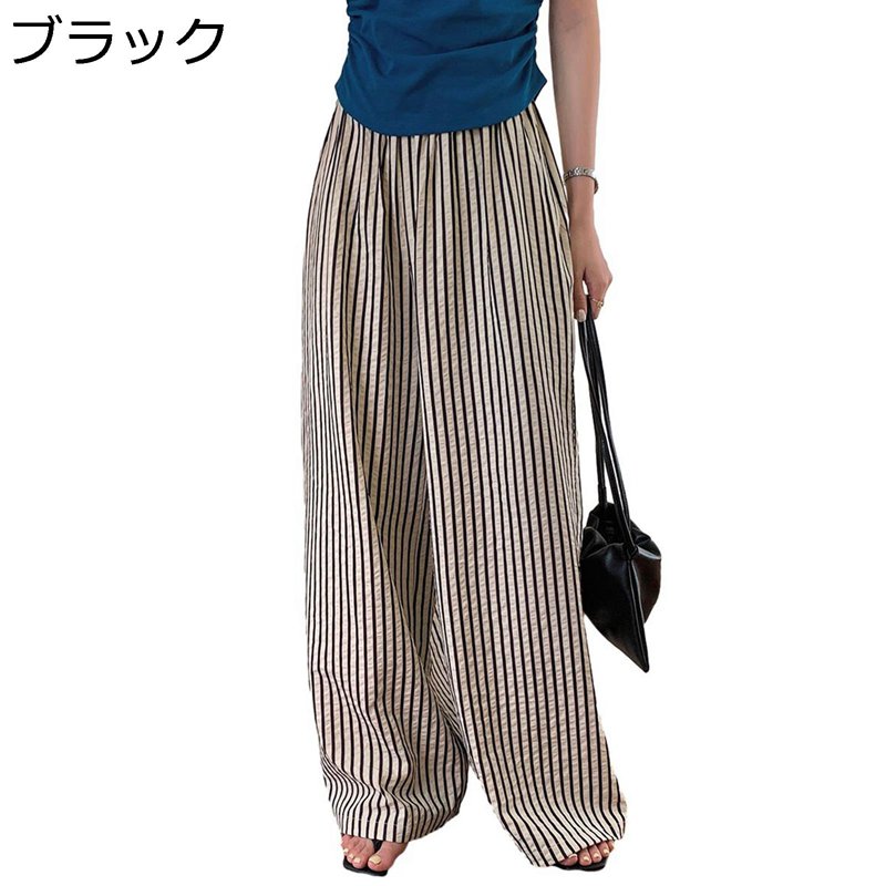 ワイドパンツ ロングパンツ ストライプ柄 ガウチョ レディース スカーチョ 綿麻 ウエストゴム ゆったり 大きいサイズ ボトムス 脚長 着痩せ 涼し気 薄い 夏秋 旅行 通勤 パーティー