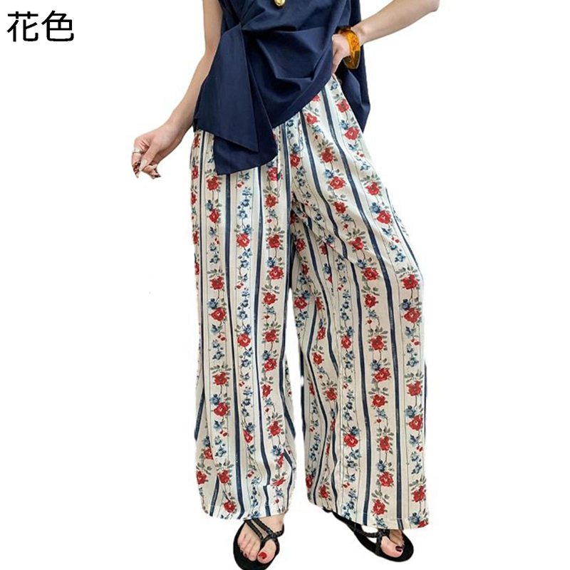 ワイドパンツ ロングパンツ ガウチョ レディース ストライプ 花柄 スカーチョ 綿 可愛い ハイウェスト ゆったり 体型カバー ボトムス 脚長 細見え ゴム 薄い 夏用 リラックス 旅行 トラベル