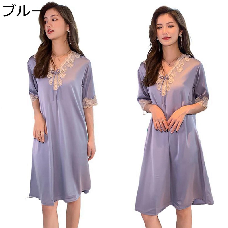 パジャマ ルームワンピース ネグリジェ レディース 夏 半袖 シルク風 婦人服 シニア 薄手 通気性 吸湿性 速乾性 v首 部屋着 寝巻き 肌に優しい 大きいサイズ オシャレ トラベル お泊り