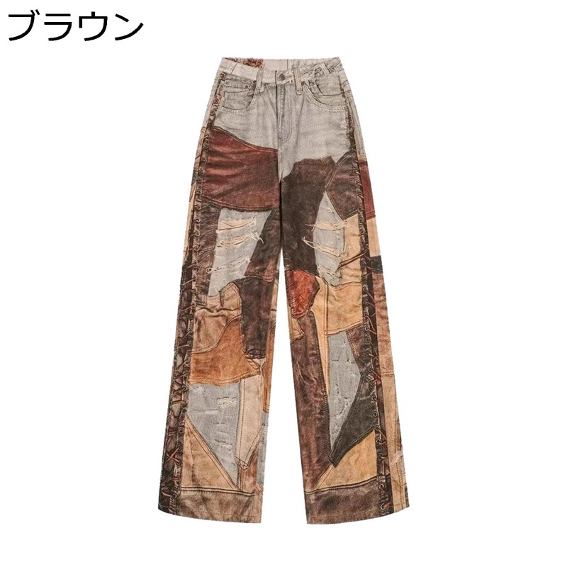 パッチワーク デニムパンツ ワイドパンツ レディース ヴィンテージ 古着風 切り替え ルーズ ロング丈ボトムズ ジーンズ 原宿系 INS風 カジュアル 着回し力 オシャレ アウトドア 通勤通学