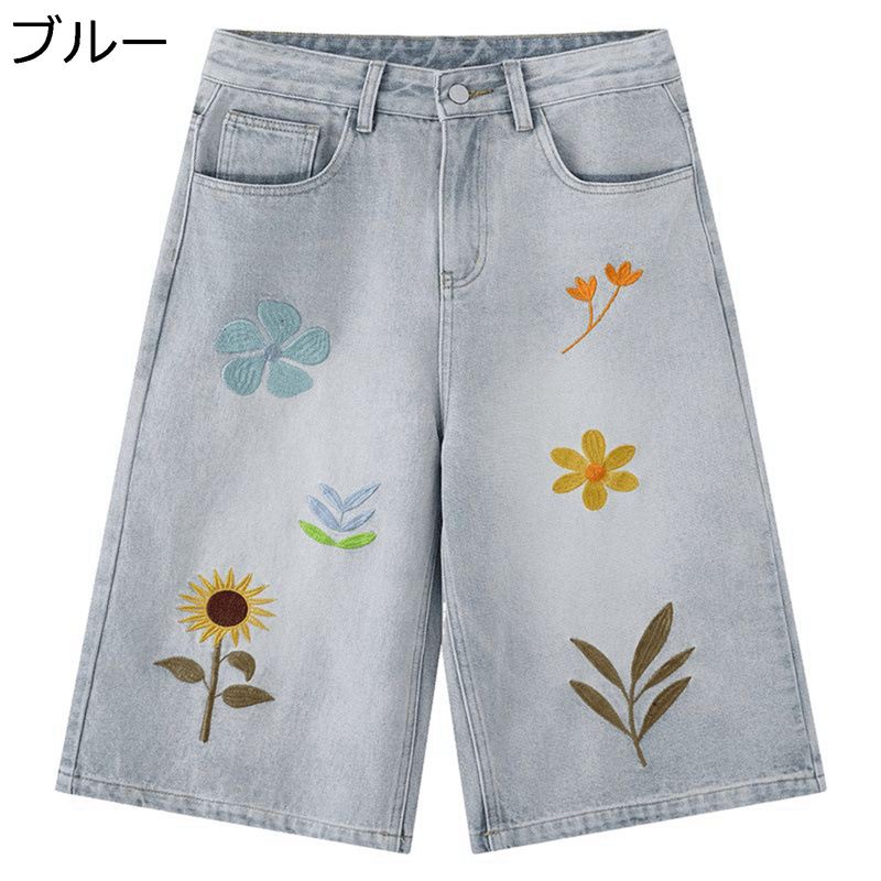 花柄刺繍 デニムパンツ 7分丈 ワイドパンツ レディース ビッグシルエット INS風 原宿系 ジーパン ヒップホップ ファッション 韓国風 個性的 ストレート ジーンズ オーバーサイズ おしゃれ 街着 外出