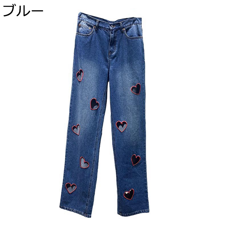 デニムパンツ レディース 透かし彫り 桃心柄 ハート ワイドパンツ カジュアルボトムズ ジーンズ 韓国風 INS ファッション 耐摩耗 ジーパン ロング丈 お出掛け アウトドア 街着 春夏秋着