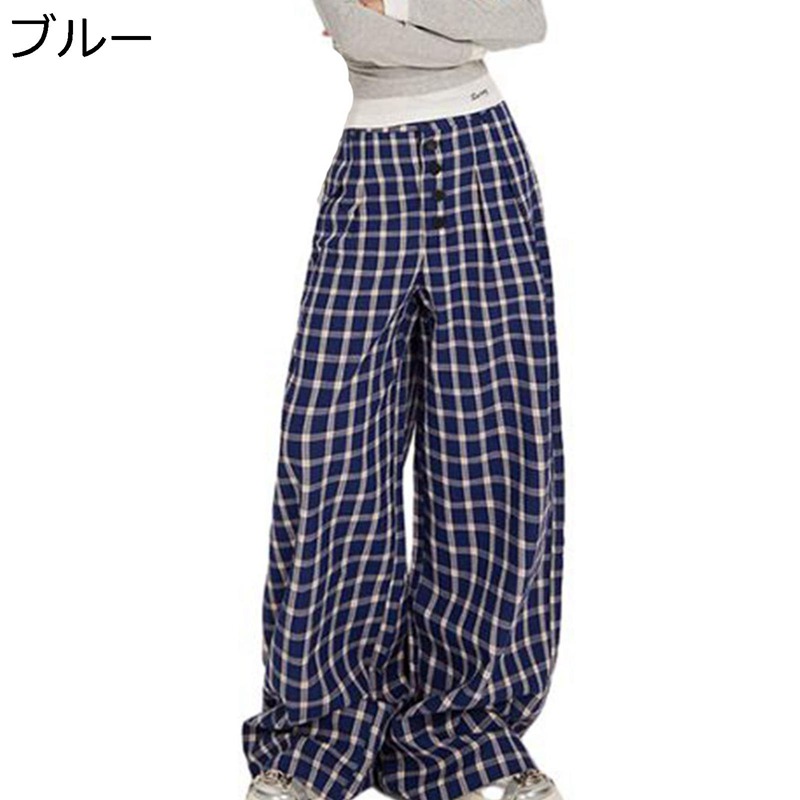 ワイドパンツ 格子柄 チノパンツ レディース チェック柄 オーバーサイズ ハイウエスト ロング丈ボトムズ 四季使用 チノパン カジュアル 服と相性が良い オシャレ お出かけ ヒップホップ 日常