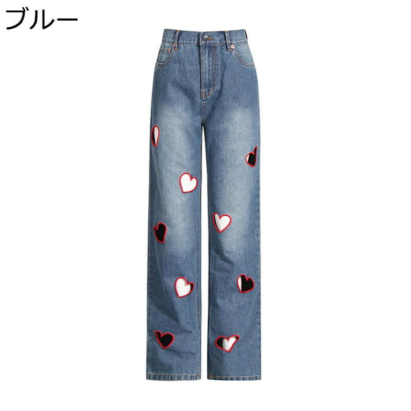 デニムパンツ 桃心柄 透かし彫り ジーパン ワイドパンツ 個性的 レディースボトムズ 長ズボン カジュアル ジーンズ ルーズ お洒落 四季 良い肌触り お出掛け アウトドア 街着 着回し力ピカイチ
