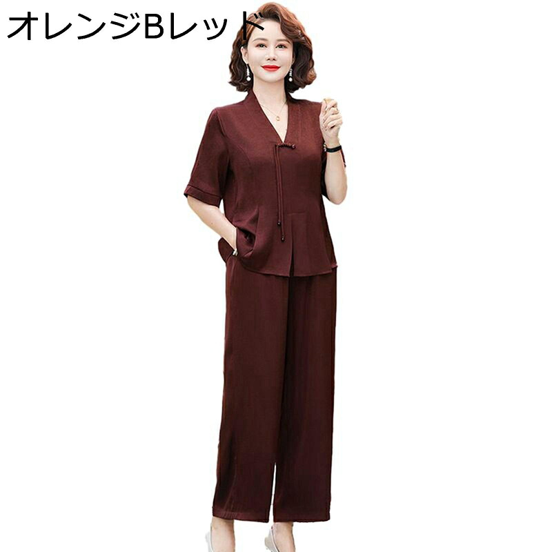 シニアファッション 半袖 tシャツ レディース カットソー 春夏トップス 60-80代 おばあちゃん Vネック ブラウス 蒸れにくい カジュアル エレガント 上下セット 2点セット 五分袖 母の日 敬老