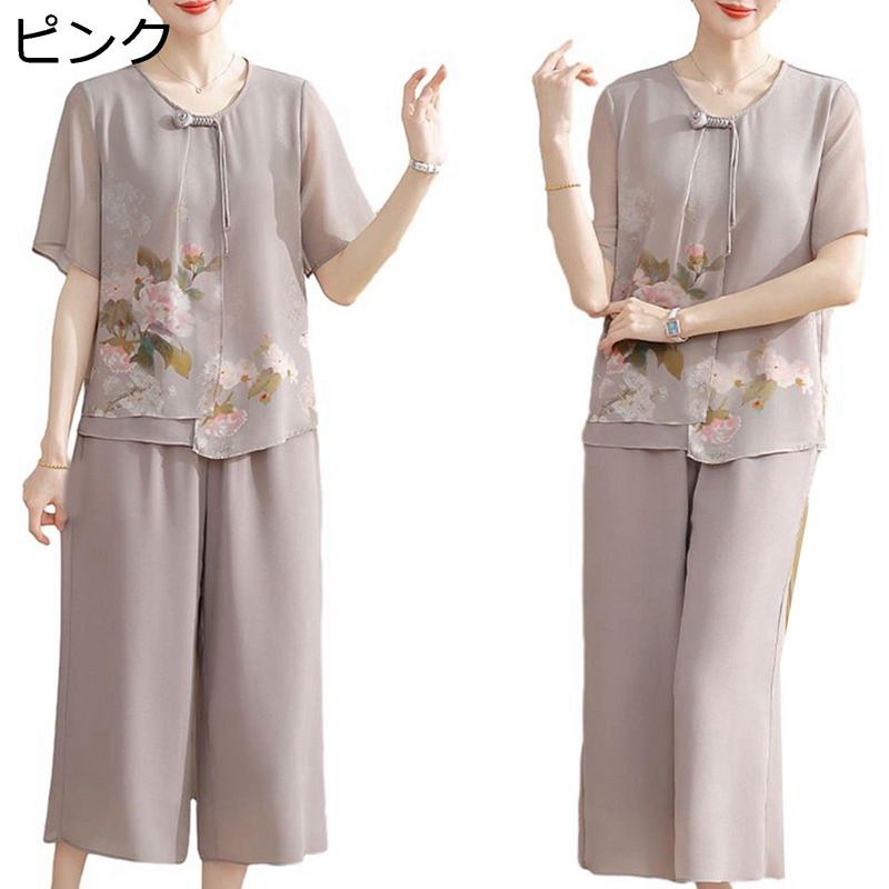シフォン 花柄シャツ クルーネック シニアファッション 半袖ブラウス 女性用 中高年用 レディース 便利服 高齢者服 オーバーシルエット コンフォート 涼しげ 吸汗 防皺 爽やか プルオン 敬老