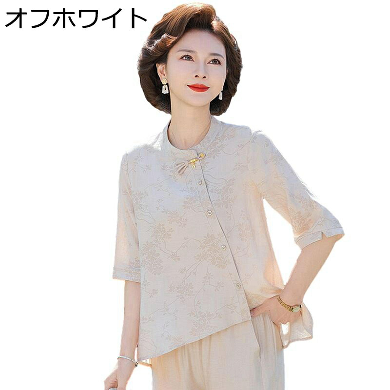 シニアファッション 花柄 七分袖シャツ クルーネック 半袖 カットソー 春夏トップス 女性用 中高年用 レディース 涼しい 通気性 カジュアル エレガント 大きいサイズ 高齢者 敬老の日 お誕生日