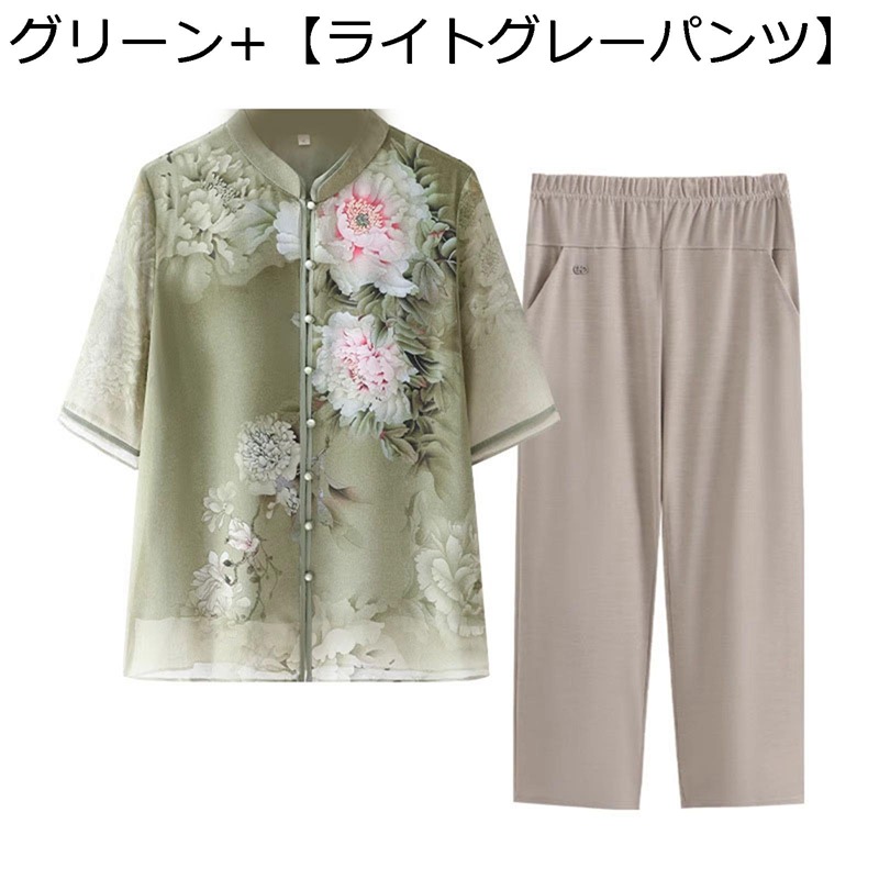 シニアファッション tシャツ 半袖 シフォン ブラウス クルーネック 上下セット 花柄 中高年 レディース 夏服 セットアップ 中華風 ゆったり 冷感 肌に優しい お出かけ 母の日 お年寄り 高齢者