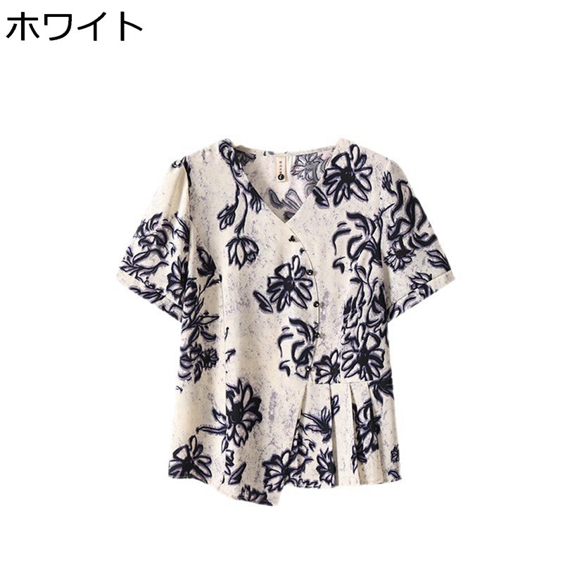 Tシャツ 花柄 カットソー クルーネック 婦人 シニアファッション L-5XL 半袖ブラウス 高齢者用 お婆ちゃん服 ゆったり 柔らか 吸汗 防皺 爽やか プルオン お年寄り 夏 敬老の日 母の日のプレゼント