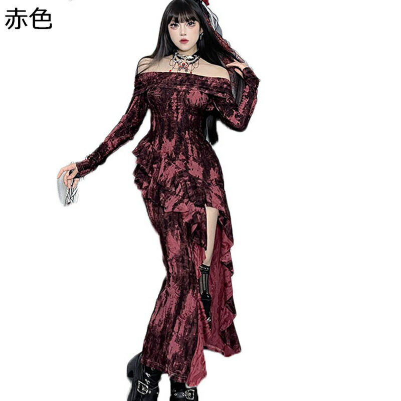 ワンピース ゴスロリ 甘ロリ 姫風 レディース ワンショルダー 長袖 ロング丈 ドレス 仮装 タイダイ染 サブカル系 原宿系 着痩せ スカート ライブ パーティー イベント 演奏会 お茶会 ハロウィン