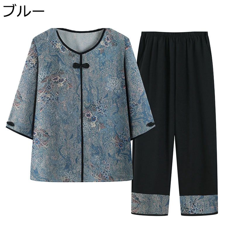 シニアファッション 花柄 tシャツ クルーネック レディース 婦人 高齢者 半袖ブラウス 60代 70代 80代 夏服 チュニック 肌に優しい 涼しい セットアップ 上下セット 大きいサイズ カジュアル 母 老人ホーム