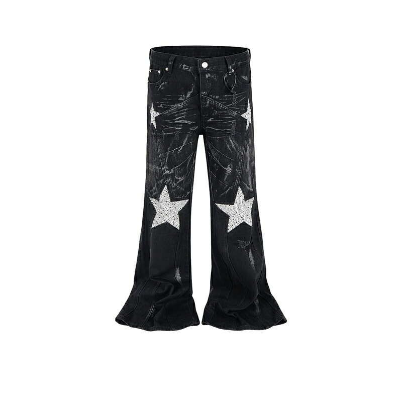 デニムパンツ ワイド ロングパンツ メンズ 春物 ブーツカット スタッズ 星柄 ウォッシュ加工 サブカル系 ジーンズ 長ズボン ルーズ モード系 デザインセンス おしゃれ ヒップホップ バイカー 個性