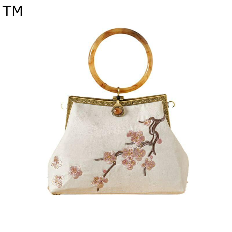 パーティーバッグ 円形ハンドル 竹製手提げ ピンク梅花 ベージュ クラッチバッグ 結婚式 花刺繍 和風和式 レトロ がま口 ミニバッグ 財布 小銭入れ 可愛い おしゃれ 卒業式 披露宴 二次会