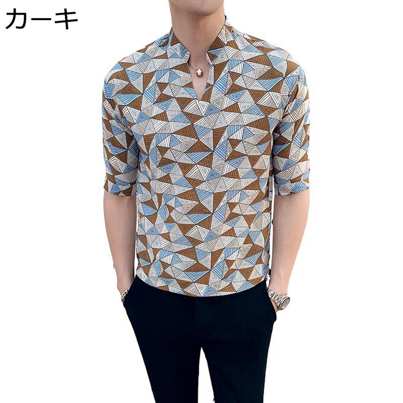 サマーシャツ メンズ 幾何柄 プリント 薄い カジュアル ゆったり 個性的 Ｔシャツ 半袖 プルオーバー Vネック 涼しい 爽やか 夏服 若者 上着 バカンス スポーツ 旅行 ワーク