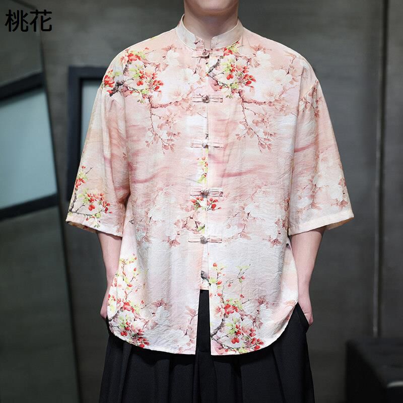 唐装 チャイナシャツ メンズ 涼しい半袖 漢服 通気吸湿 プリント柄 チャイナボタン 上着 シャツ 爽やか お洒落 中華風 ヴィンテージ ゆったり おしゃれ 通学 お出掛け 旅行 通気性 速乾性 春夏秋