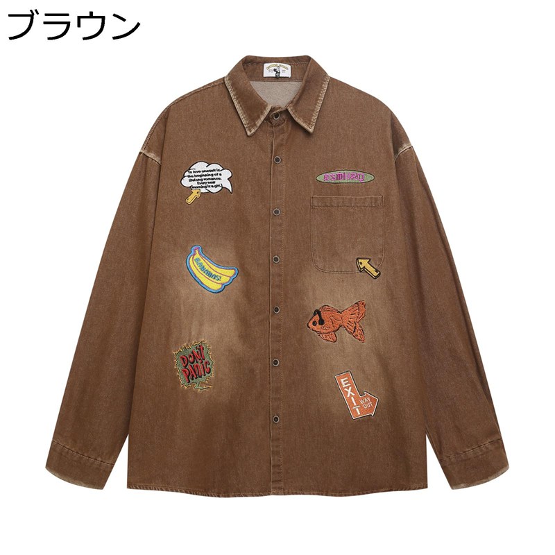 シャツ メンズ 長袖 デニム 刺繍 レディース カジュアルシャツ デニムシャツ 男女兼用 トップス ビッグシルエット ストリート 折り襟 羽織 ボダン付き ジーンズ生地 春秋 ヴィンテージ プレゼント アウター