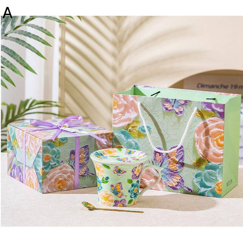 カップ&ソーサー(両用蓋) マグカップ 330cc グリーン 蝶柄 牡丹花 珈琲カップ 紅茶カップ ギフトボックス 花柄 スプーン付き ウェディング ティー コーヒー エレガント かわいい 家族 電子レンジ対応