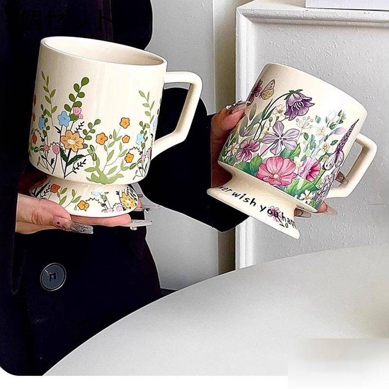 マグカップ 500cc 2個セット 手絵風 珈琲カップ 水飲み 紅茶カップ フラワー 結婚式 ティー コーヒー 茶器 緑茶 茶道 茶皿 おしゃれ 可愛い 恋人 電子レンジ対応