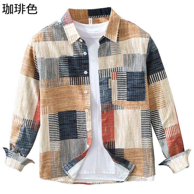 綿100 メンズシャツ 開襟シャツ 長袖 春服 秋着 チェック柄 ジャケットシャツ コットン パッチワーク 流行 トレンド おしゃれ 薄い 着痩せ 羽織り 軽量 通気性 速乾 汗染み防止 トップス オフィス 学生 旅行