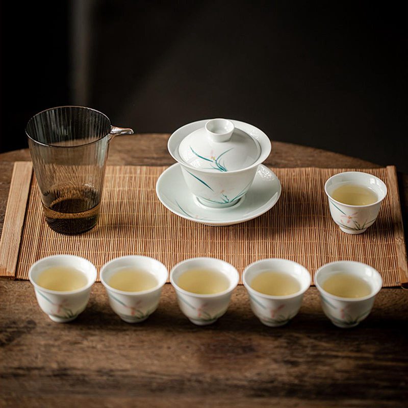 ティーポット ティーセット 蓋碗 蘭模様 白磁 湯呑 陶器 温冷両用 カンフーティーカップ 茶ポット 台湾茶 カンフー茶 緑茶 保温 茶道体験 茶具セット 持ち手付き 陶器 プレゼント ティータイム おしゃれ