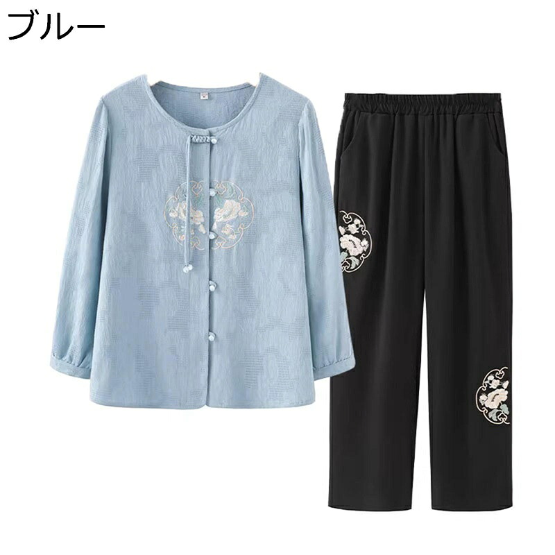 Ｔシャツ レディースシャツ 長袖 春夏着 チャイナ風 チャイナボタン 薄手 通気性 吸湿速乾 丸襟 カジュアル 上下セット ファッション おばあちゃん服 敬老の日 お年寄り 母の日ギフト