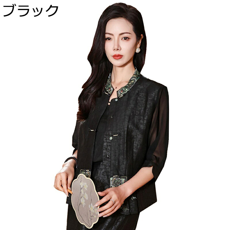 瀬戸ものプルオーバー 瀬戸もの服 トップ レディース 七分袖 丸首 瀬戸もの名取り草 中華風 刺しゅう 前食い違い 今めかしい 透け感 絹地 夏服 アウター ゆったり オシャレ フォーマル 心地よい 御芽出度