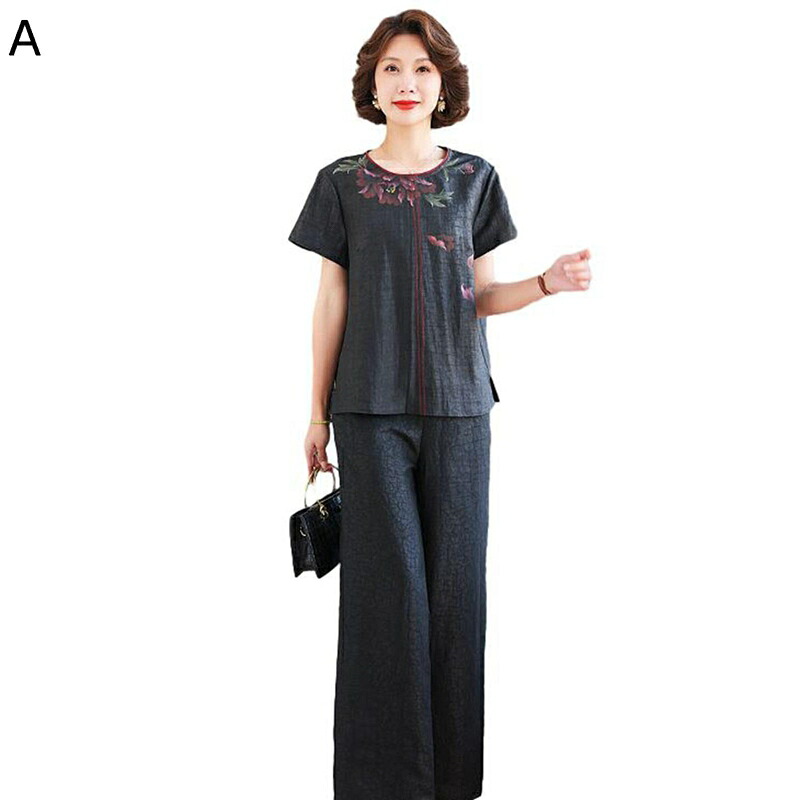 Ｔシャツ チャイナシャツ 夏着 丸首 チャイナ服 中華風 涼しい ファッション ヴィンテージ 薄手 プルオーバー カジュアル ゆったり ママ服 誕生日プレゼント 普段着 お出掛け 通勤 上下セット