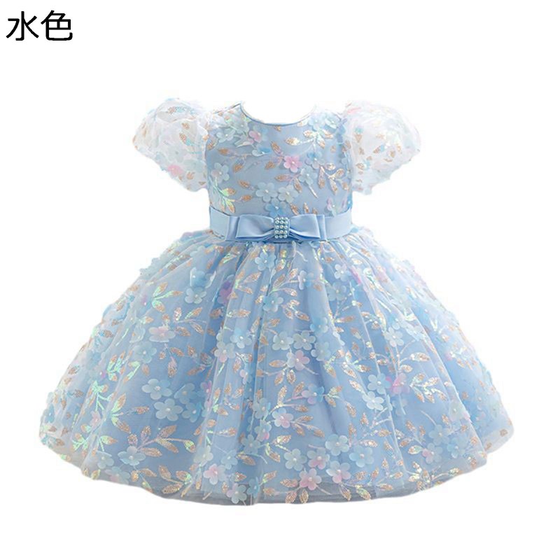 子どもドレス ロング花柄 光沢感 半袖 リボン 女の子 チュールワンピース 発表会 結婚式 プリンセスワンピース おしゃれ お姫様 かわいい ふわふわ 入学式 舞台 花嫁介添人
