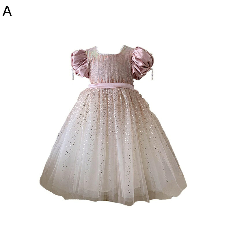 チュールワンピース 子供 ピンク バーブル半袖 バックリボン スパンコール グラデーション ガールズ ジュニア かわいい 夏服 花刺繍 チュール 赤ちゃん 幼児 薄い 便利 日常 発表会 結婚式 入学式
