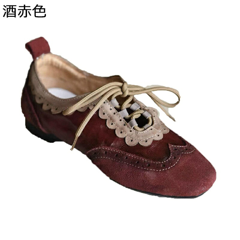 パンプス バレエシューズ レディース ウィングチップ レトロ フラットシューズ 春用 ローヒール 丸トウ 婦人靴 ぺたんこ レースアップ 脚長 軽量 防滑 スムース 衝撃吸収 低反発 普段使い パーティー