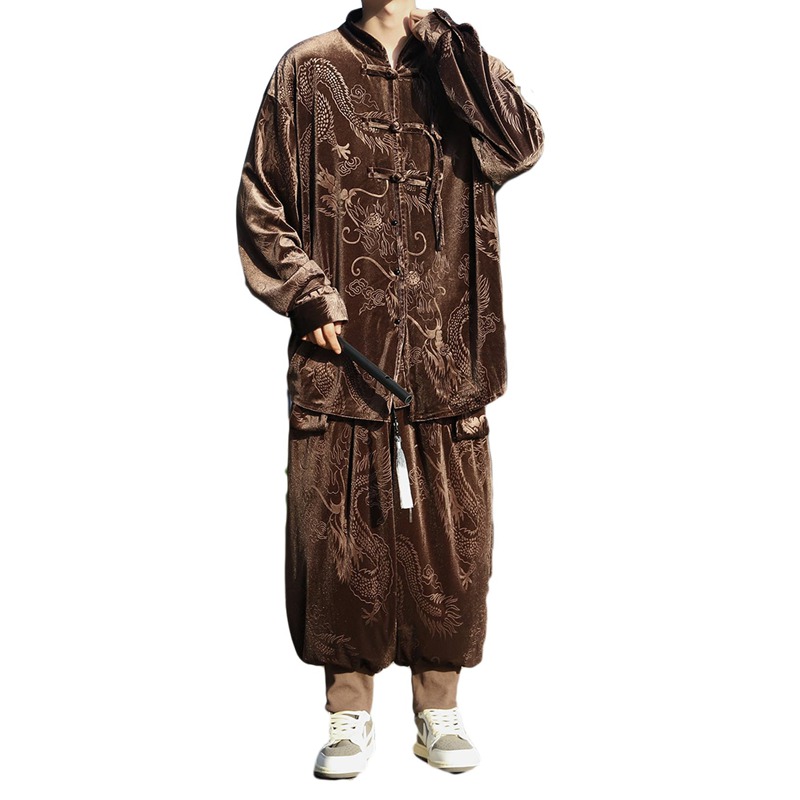 チャイナ服 ジャケット セットアップ メンズ 太極拳服 龍柄 ベロア ワイドパンツ バギー カジュアル 防風防寒 暖かい チャイナボタン 柔らかい 長袖 ゆったり アウター レトロ 唐装 秋冬 上着