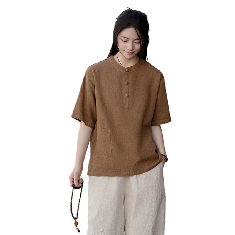 瀬戸もの ティーシャツ トップス レディース トップ カットソー tティーシャツ 茶師服 リネン 綿麻 春夏秋 漢服 重ね着風 花の冠yd 心地好い 中華風 太極拳 民族風 ゆったり 労働者の一団のど首 薄っぺら もの柔らか