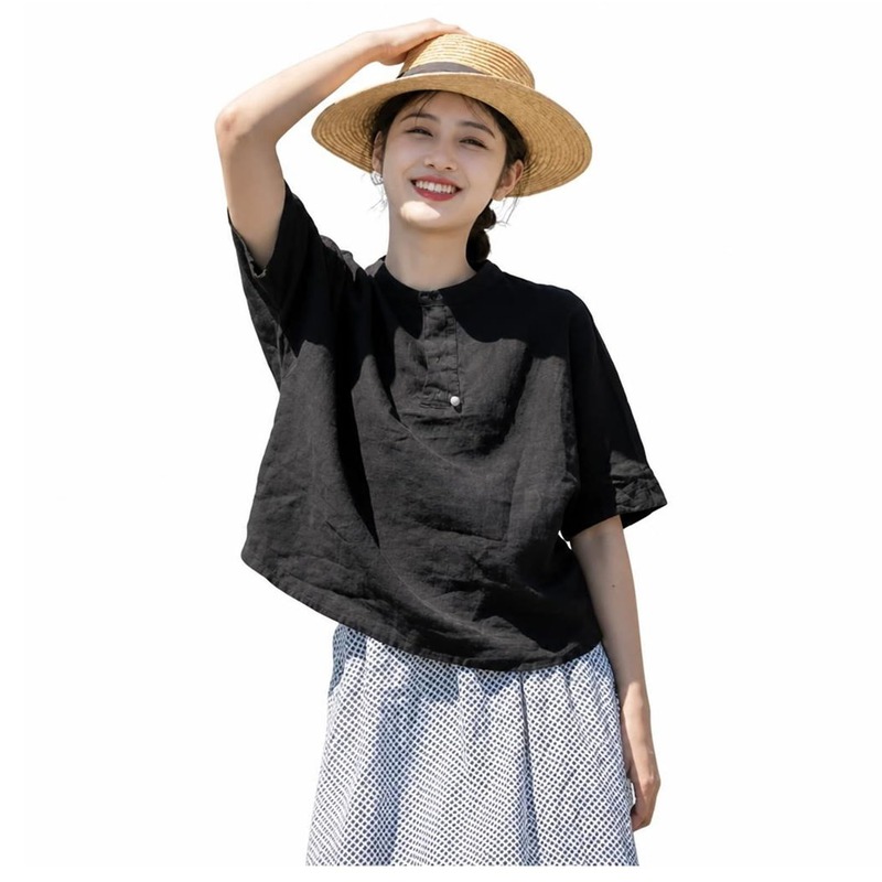 シャツ レディース 半袖 リネン混 綿麻 トップス ゆったり 体型カバー 着痩せ クルーネック おしゃれ 春 夏 ナチュラル ブラウス 無地 カジュアル 大きいサイズ 30代 40代 50代 シンプル｜FUKUOKA ストアサービス