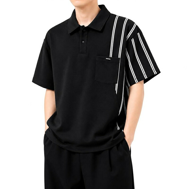スポーツシャツ メンズ 半袖 ゆったり 体型覆いかぶせる 非対称 縞模様 うつり変わり 衣嚢付き添い人 心地好い トップス 流行り物系 表どおり系 半袖プルオーバー 襟付き添い人 春夏 馬鹿でかい大きさ