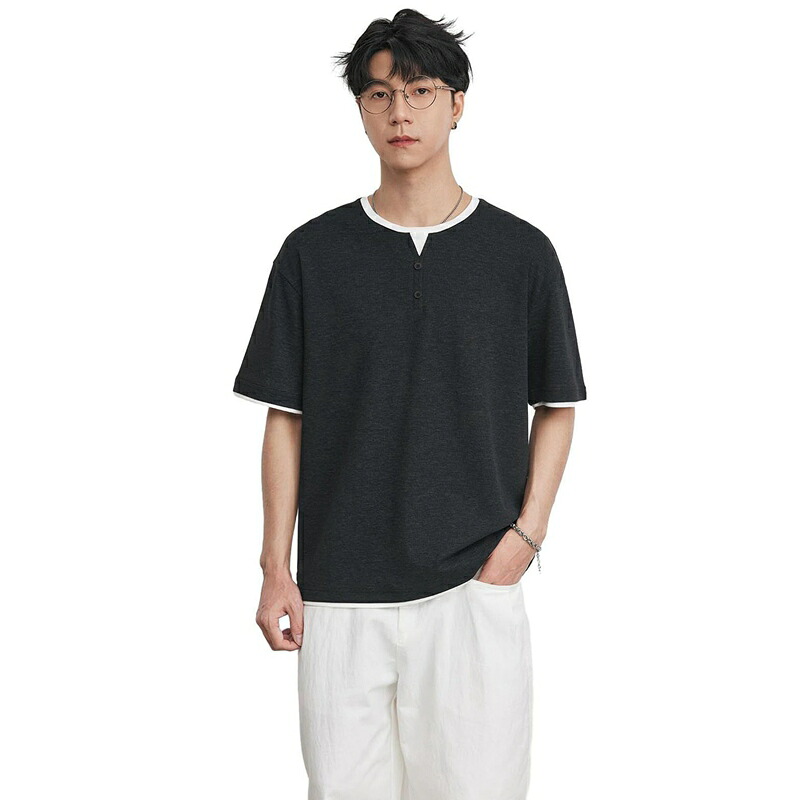 プルオーバー メンズ 半袖 夏服 重ね着風 ティーシャツ V素っ首 通気性 心地好い 無地 ヘンリー素っ首 綿織物 ヴィンテージ パステル色の コンフォート 兄ちゃん デイリー 旅行 通い通学