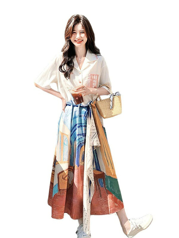 スコート背広 レディース ティーシャツ+花柄スコート セットアップ ２点書き割り 上下 夏服 半袖 シングル名取り草 ロング丈 フォーマル 心地好い ゆったり 雅びやか オシャレ 成年者 通い 夏 会う約束