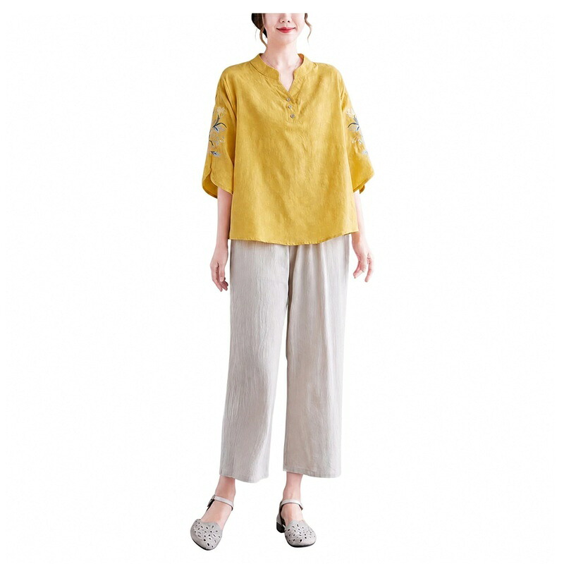 綿麻 上下仕掛ける 五分袖 9分丈ズボン下 夏服 レディース 気が大きい大きさ 2点 セットアップ お部屋お召しもの お部屋着 無地 冷やりとした 執務室心地よい 分かりやすい ゆったり 母 おっ母さん たまり場 日常 着飾る