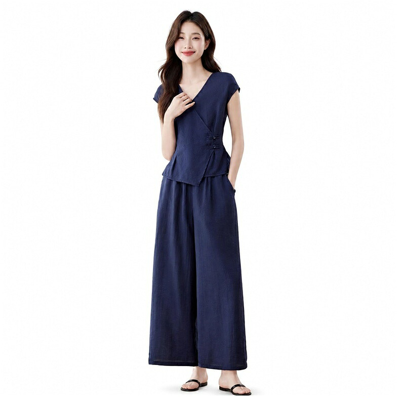 パンツスーツ レディース トップス+ロングパンツ セットアップ 2点セット 上下セット 夏服 半袖 vネック ウエストゴム ロング丈 体型カバー おしゃれ フォーマル カジュアル ゆったり エレガント|FUKUOKA ストアサービス