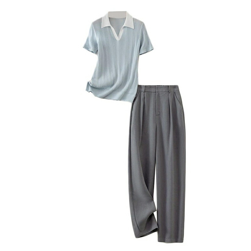 レディース セットアップ 編み物スポーツシャツ＆スラックス 上下２点仕掛ける 夏服 ロングズボン下 半袖 酉の方角天然ゴム 衣嚢付き添い人 成年者 好いたらしい 心地よい ゆったり 体型押しかぶせる 着痩せ 今めかしい 日常着