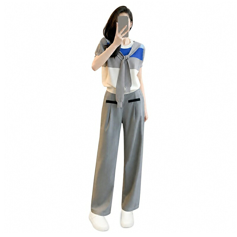 セットアップ レディース ２点セット トップス＆ワイドパンツ パンツスーツ 夏服 ショール付き 半袖 Ｔシャツ ハイウエスト ロング丈 カジュアル ゆったり 可愛い オシャレ シンプル 切り替え 通学｜FUKUOKA ストアサービス