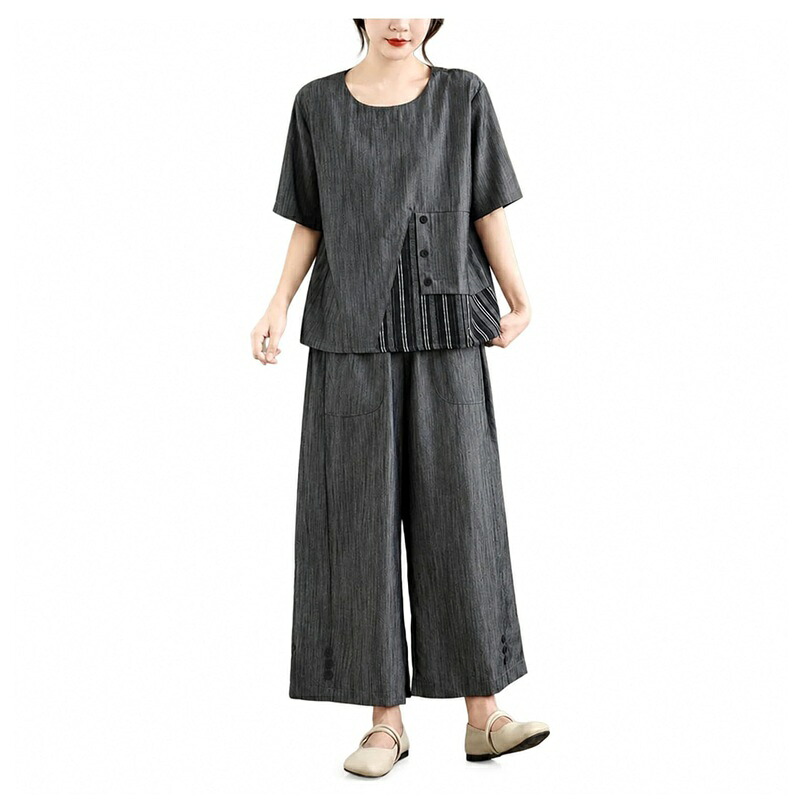 セットアップ 2点仕掛ける レディース 上下仕掛ける 背広 夏服仕掛ける 広広としたズボン下 ズボン下背広 気が大きい大きさ 綿麻 好いたらしい 冷やりとした リネン ラウンドのど首 体型押しかぶせる 今めかしい 心地よい 通い OL