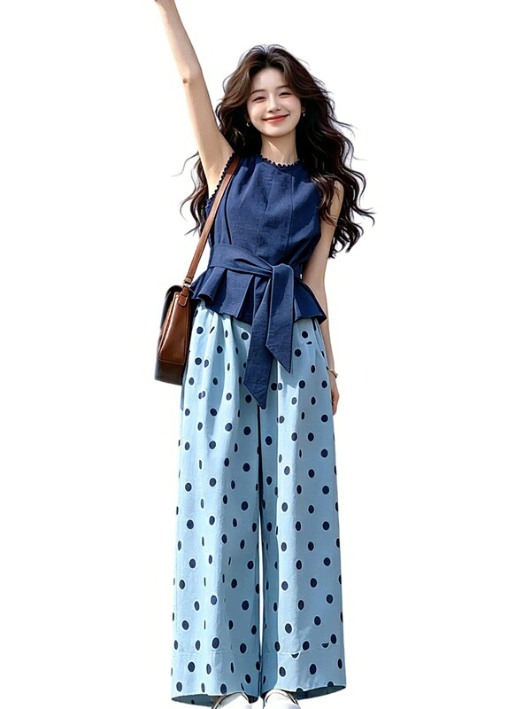 レディース 夏セットアップ トップス＆ワイドパンツ 上下２点セット 夏服 ロングパンツ ラウンドネック リボン 大人 可愛い カジュアル ゆったり 体型カバー 着痩せ おしゃれ 日常着 お出かけ 旅行｜FUKUOKA ストアサービス