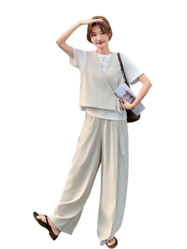 レディース 3点セット ベスト+tシャツ+ワイドパンツ セットアップ トップス ロング丈 上下 夏服 ブラウス 半袖 シンプル 無地 カジュアル ゆったり 体型カバー 着痩せ 大人 可愛い リゾート|FUKUOKA ストアサービス